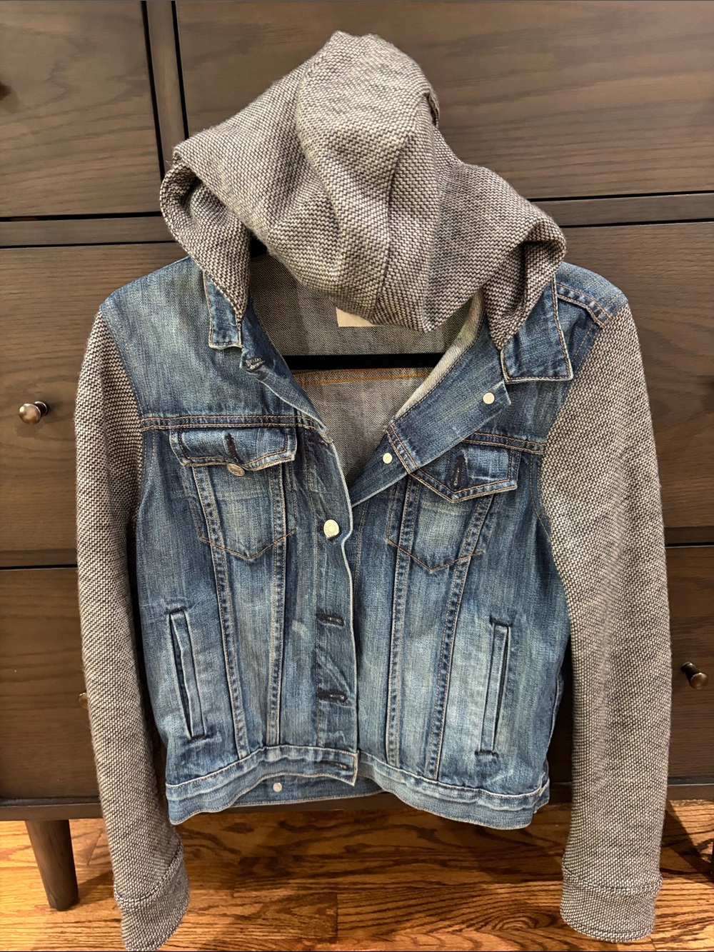 rag & bone Kids Two-Tone Hooded Denim Jacket in Blue and Gray